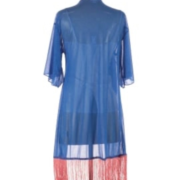 LulaRoe Monroe Kimono Blue with Coral Fringe Small - Picture 2 of 7